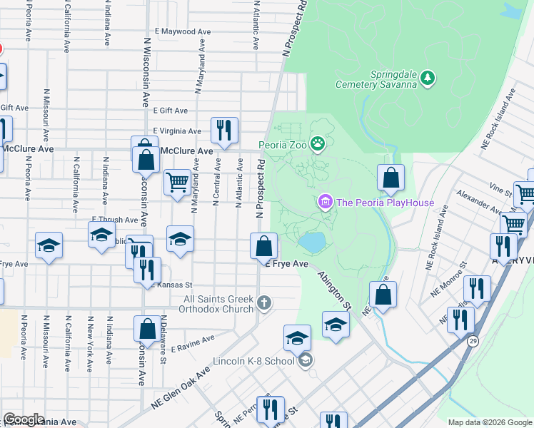 map of restaurants, bars, coffee shops, grocery stores, and more near 2202 North Prospect Road in Peoria