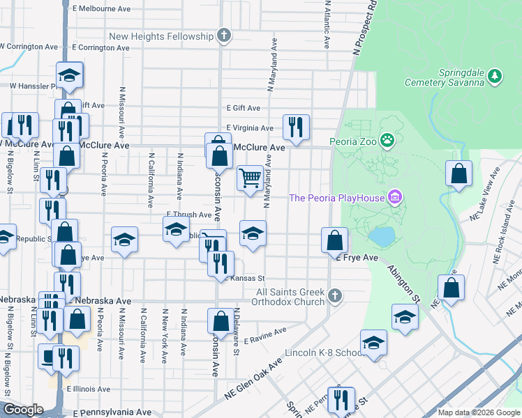 map of restaurants, bars, coffee shops, grocery stores, and more near 2201 North Maryland Street in Peoria