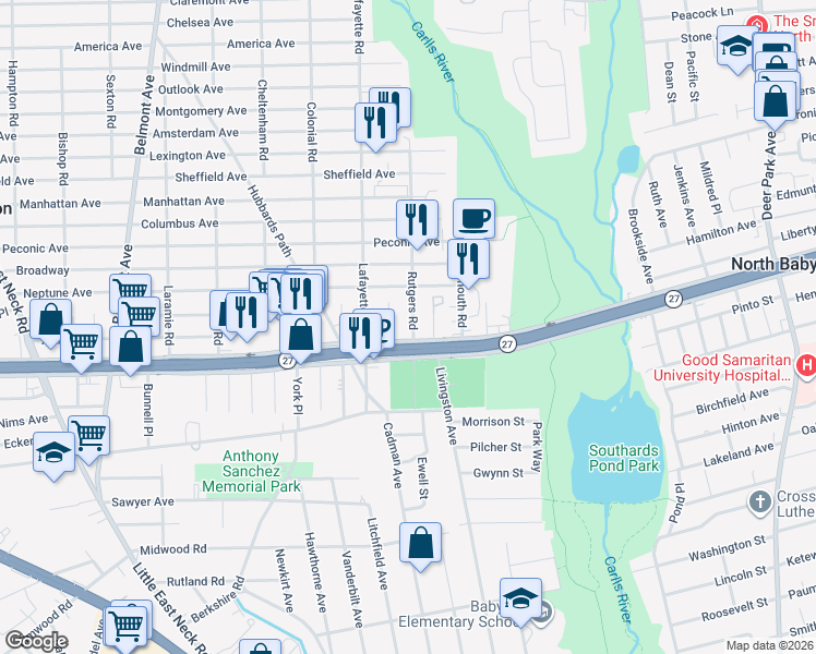 map of restaurants, bars, coffee shops, grocery stores, and more near 415 Rutgers Road in West Babylon