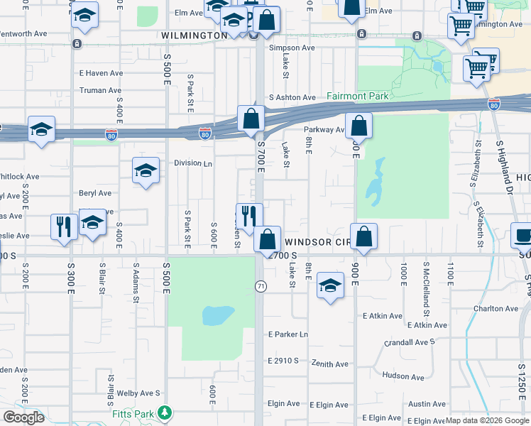 map of restaurants, bars, coffee shops, grocery stores, and more near 2577 South 700 East in Salt Lake City