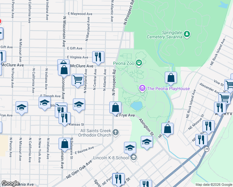 map of restaurants, bars, coffee shops, grocery stores, and more near 2202 North Prospect Road in Peoria