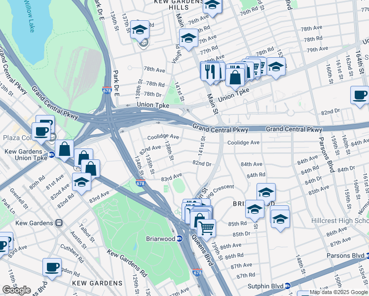 map of restaurants, bars, coffee shops, grocery stores, and more near 138-31 Hoover Avenue in Queens