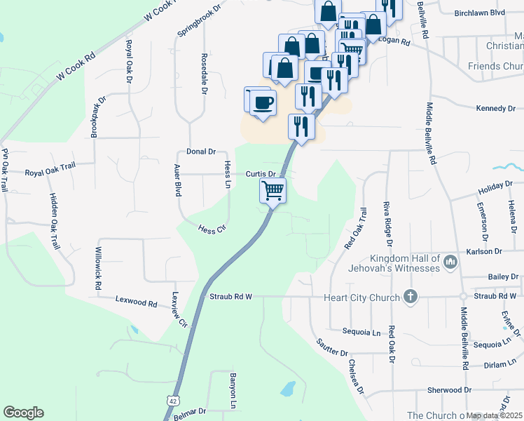 map of restaurants, bars, coffee shops, grocery stores, and more near 1660 Lexington Avenue in Mansfield