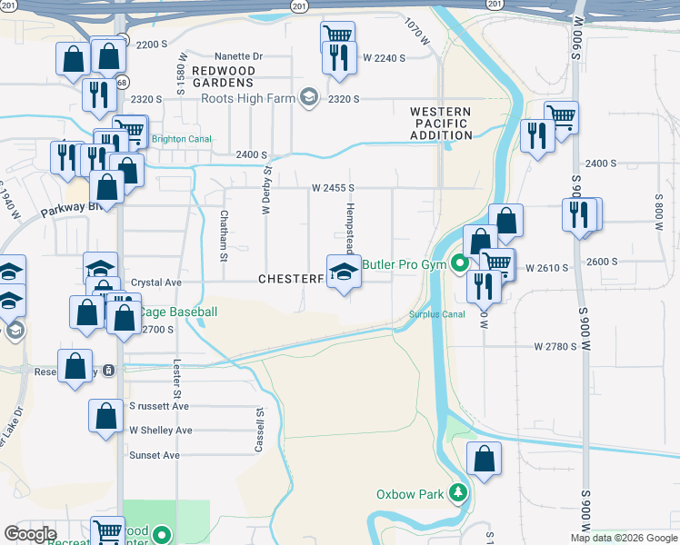 map of restaurants, bars, coffee shops, grocery stores, and more near 2574 Hempstead Street in West Valley City