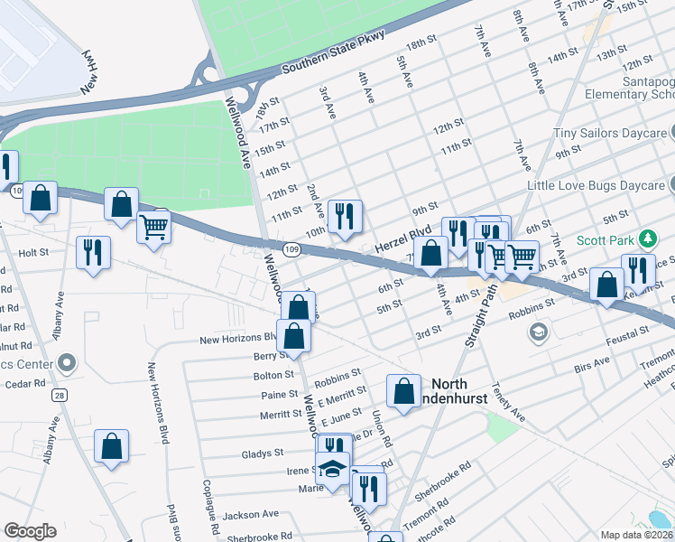 map of restaurants, bars, coffee shops, grocery stores, and more near 155 2nd Avenue in Lindenhurst