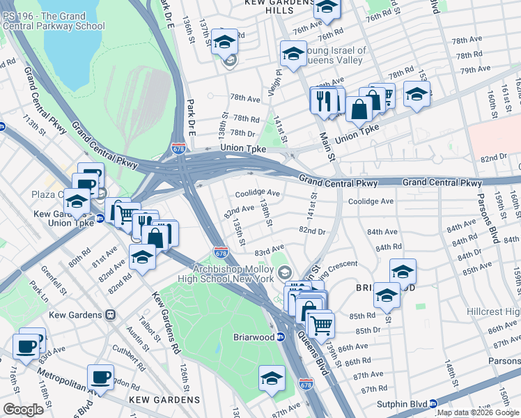 map of restaurants, bars, coffee shops, grocery stores, and more near 82-06 138th Street in Queens