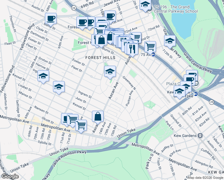 map of restaurants, bars, coffee shops, grocery stores, and more near 1-41 Ascan Avenue in Queens