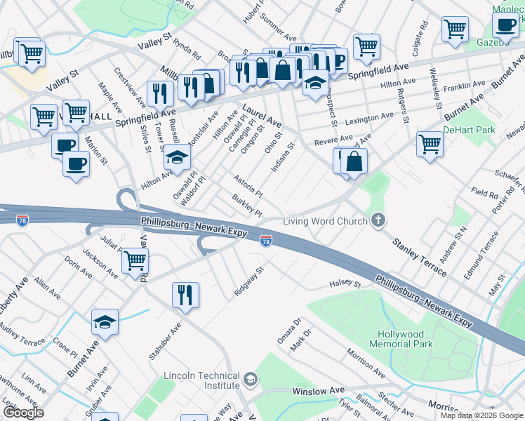 map of restaurants, bars, coffee shops, grocery stores, and more near 47 Burkley Place in Union