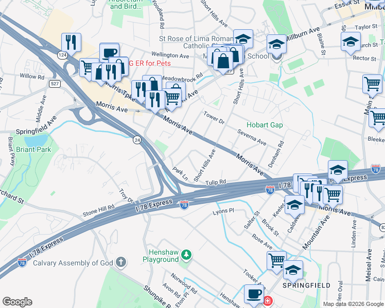 map of restaurants, bars, coffee shops, grocery stores, and more near 54 Springbrook Road in Springfield