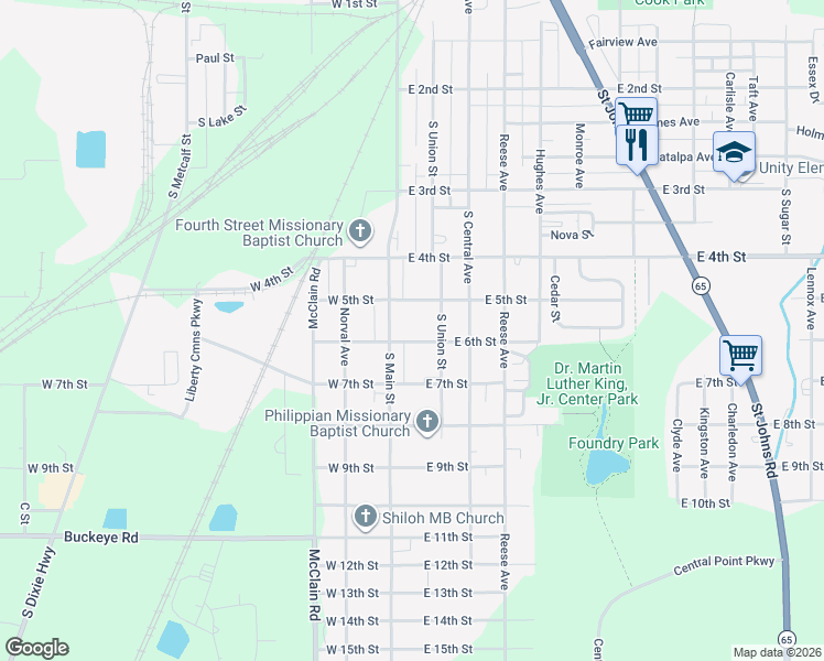 map of restaurants, bars, coffee shops, grocery stores, and more near 1433 S Main St in Lima