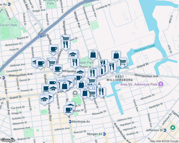 map of restaurants, bars, coffee shops, grocery stores, and more near 991 Metropolitan Avenue in Brooklyn