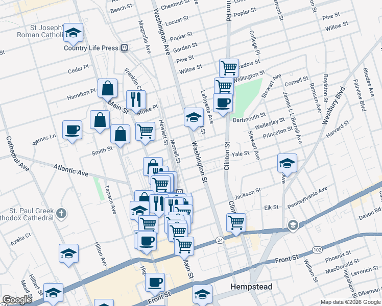 map of restaurants, bars, coffee shops, grocery stores, and more near 15 Burr Avenue in Hempstead