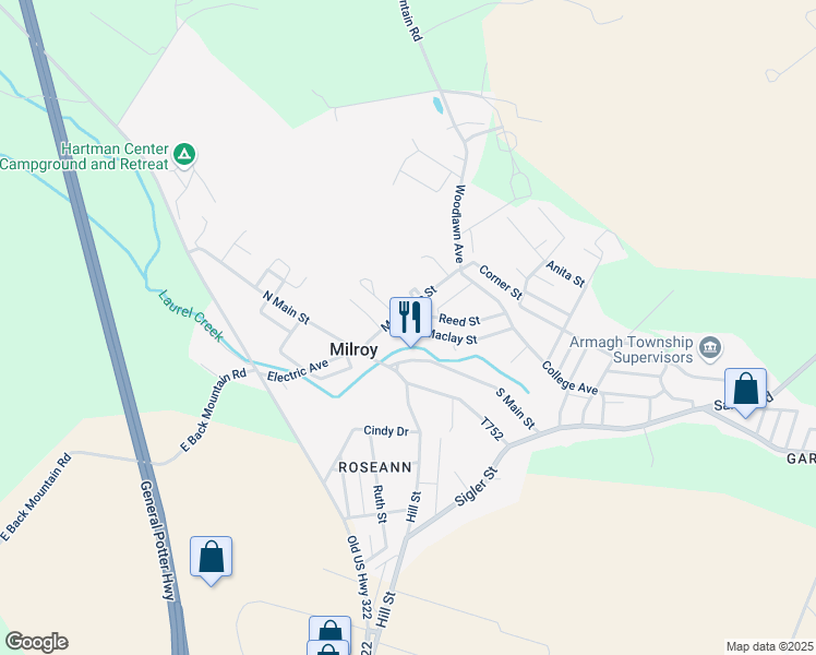 map of restaurants, bars, coffee shops, grocery stores, and more near 20 Maclay Street in Milroy