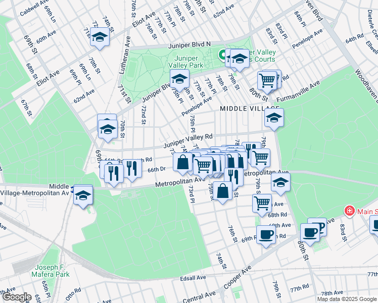 map of restaurants, bars, coffee shops, grocery stores, and more near 66-29 74th Street in Queens