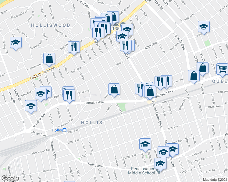 map of restaurants, bars, coffee shops, grocery stores, and more near 93-04 201st Street in Queens