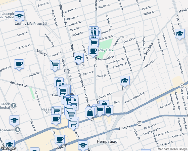 map of restaurants, bars, coffee shops, grocery stores, and more near 283 Clinton Street in Hempstead