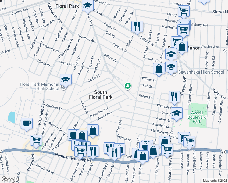 map of restaurants, bars, coffee shops, grocery stores, and more near 459 Louis Avenue in South Floral Park