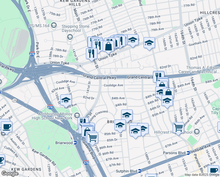 map of restaurants, bars, coffee shops, grocery stores, and more near 83-35 Daniels Street in Queens