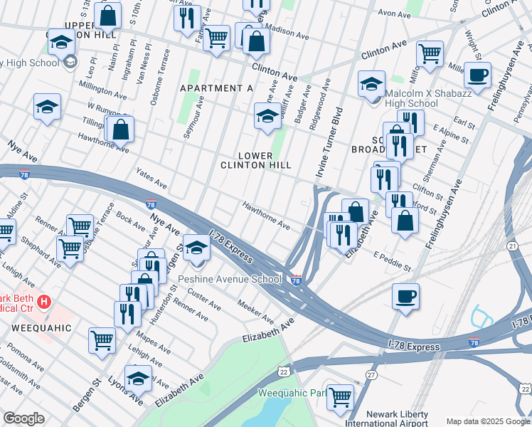 map of restaurants, bars, coffee shops, grocery stores, and more near 345 Badger Avenue in Newark