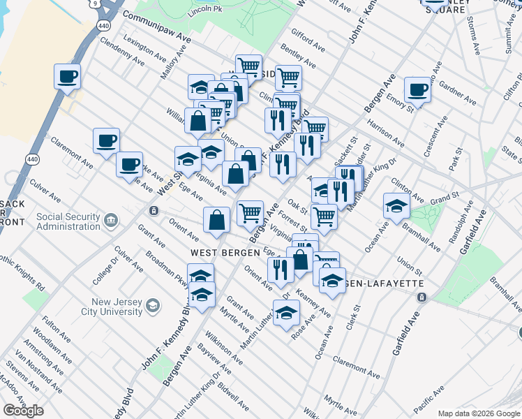 map of restaurants, bars, coffee shops, grocery stores, and more near in Jersey City