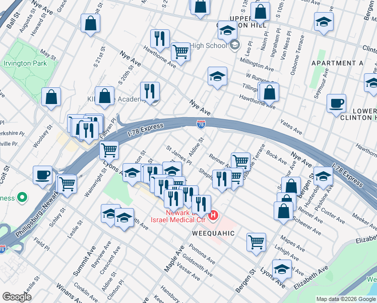 map of restaurants, bars, coffee shops, grocery stores, and more near 36 Aldine Street in Newark