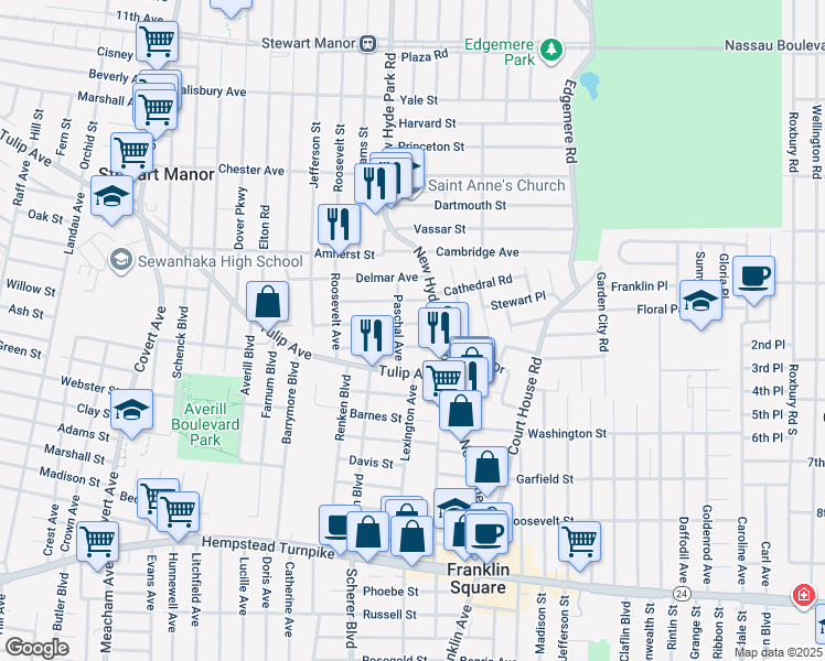 map of restaurants, bars, coffee shops, grocery stores, and more near 1055 Benmore Avenue in Franklin Square