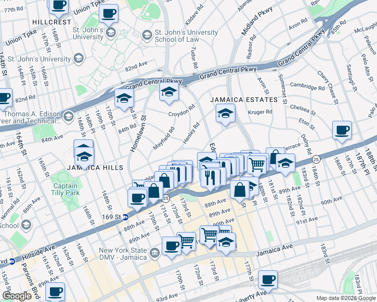 map of restaurants, bars, coffee shops, grocery stores, and more near 175-24 Devonshire Road in Queens