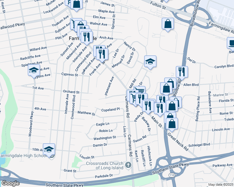 map of restaurants, bars, coffee shops, grocery stores, and more near 11 Terrace View Road in Farmingdale