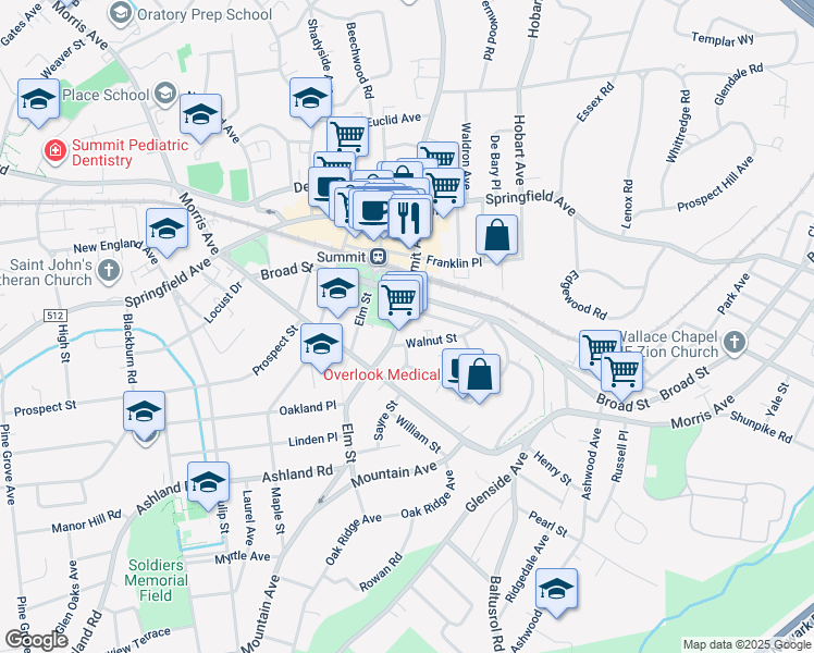 map of restaurants, bars, coffee shops, grocery stores, and more near 23 Summit Avenue in Summit
