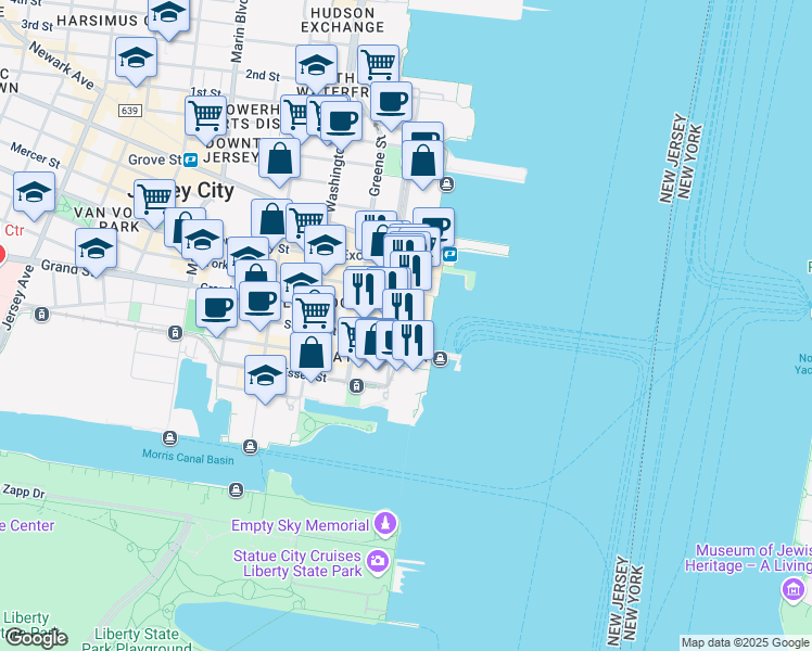 map of restaurants, bars, coffee shops, grocery stores, and more near 70 Hudson Street in Jersey City