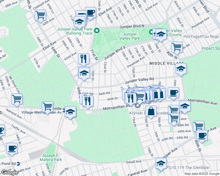 map of restaurants, bars, coffee shops, grocery stores, and more near 72-16 Juniper Valley Road in Queens