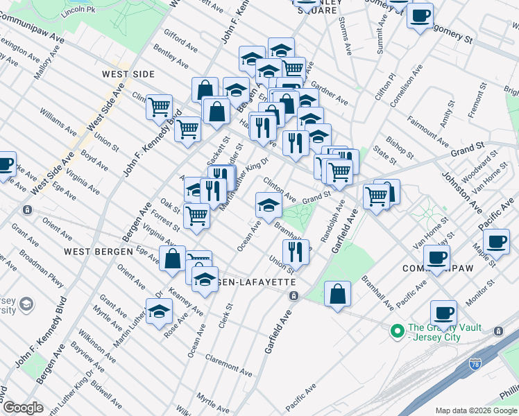 map of restaurants, bars, coffee shops, grocery stores, and more near 4 Madison Avenue in Jersey City