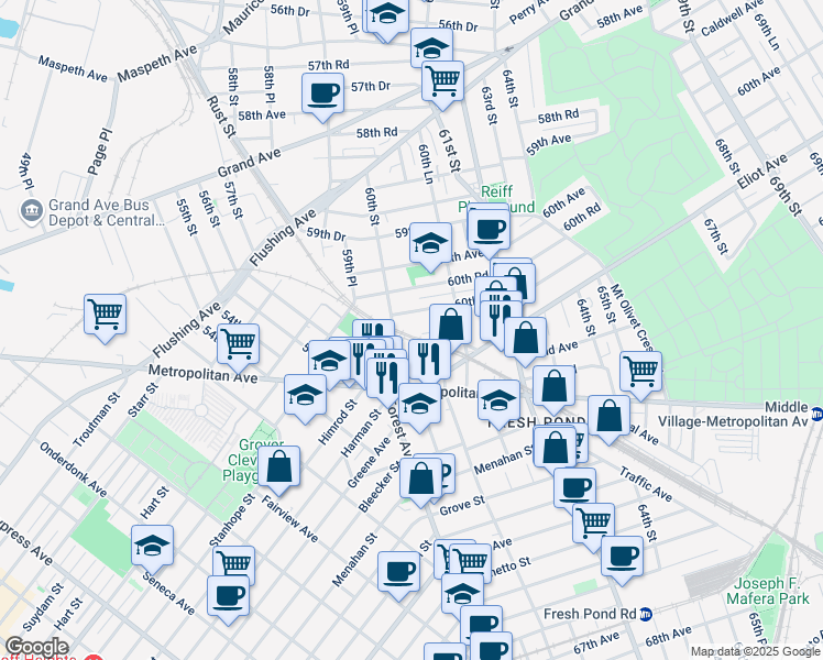 map of restaurants, bars, coffee shops, grocery stores, and more near 6020 60th Drive in Queens