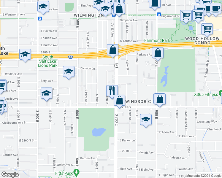 map of restaurants, bars, coffee shops, grocery stores, and more near 661 Crystal Avenue in Salt Lake City