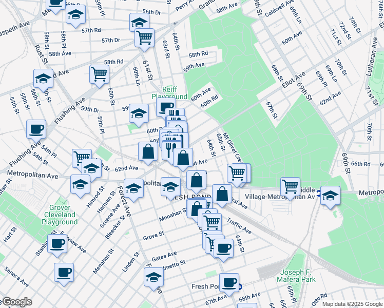 map of restaurants, bars, coffee shops, grocery stores, and more near 61-40 Eliot Avenue in Queens