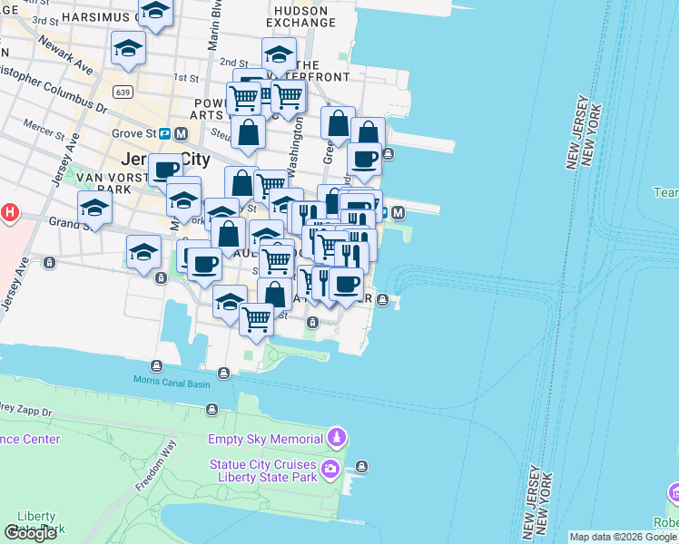 map of restaurants, bars, coffee shops, grocery stores, and more near 70 Greene Street in Jersey City
