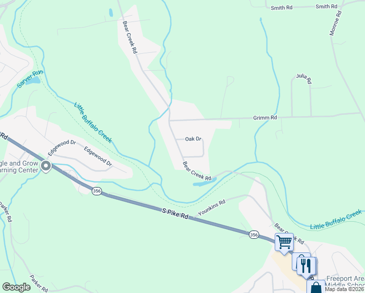 map of restaurants, bars, coffee shops, grocery stores, and more near 189 Bear Creek Road in Sarver