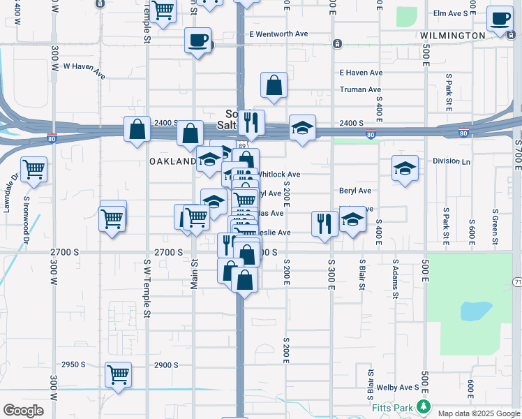 map of restaurants, bars, coffee shops, grocery stores, and more near 129 Vidas Avenue in South Salt Lake