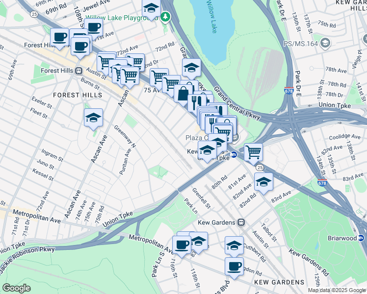 map of restaurants, bars, coffee shops, grocery stores, and more near Austin Street & 77th Avenue in Queens