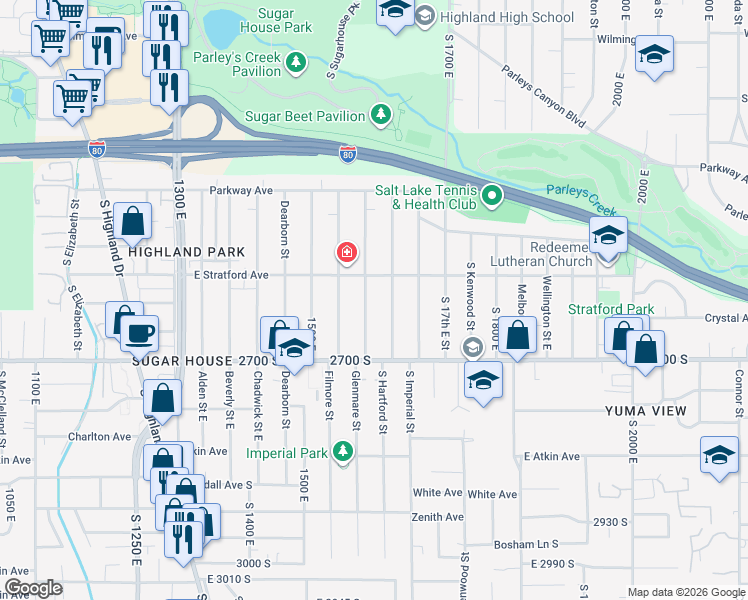 map of restaurants, bars, coffee shops, grocery stores, and more near 2642 South Hartford Street in Salt Lake City