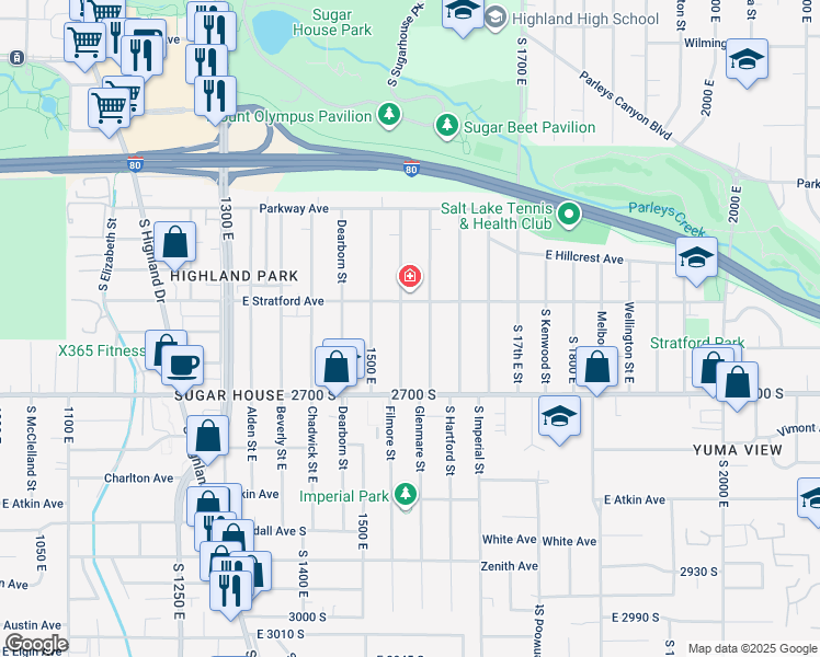 map of restaurants, bars, coffee shops, grocery stores, and more near 2642 Glenmare Street in Salt Lake City