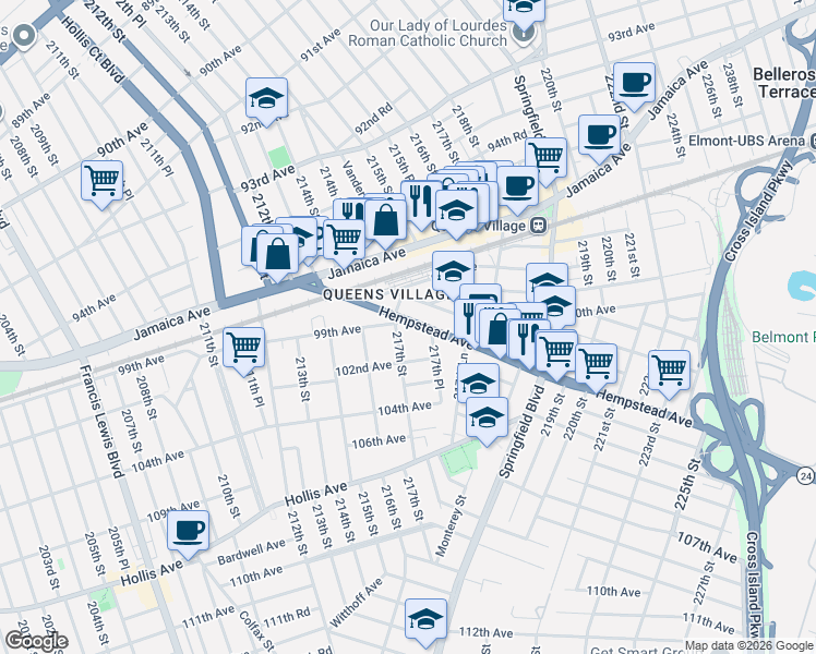 map of restaurants, bars, coffee shops, grocery stores, and more near 217-04 99th Avenue in Queens