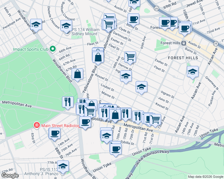 map of restaurants, bars, coffee shops, grocery stores, and more near 68-16 Loubet Street in Queens