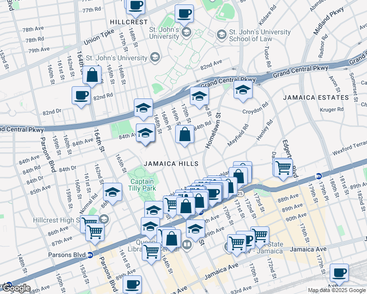 map of restaurants, bars, coffee shops, grocery stores, and more near 84-63 168th Place in Queens