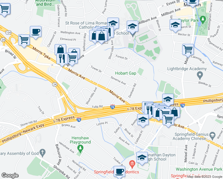 map of restaurants, bars, coffee shops, grocery stores, and more near 436A Morris Avenue in Springfield