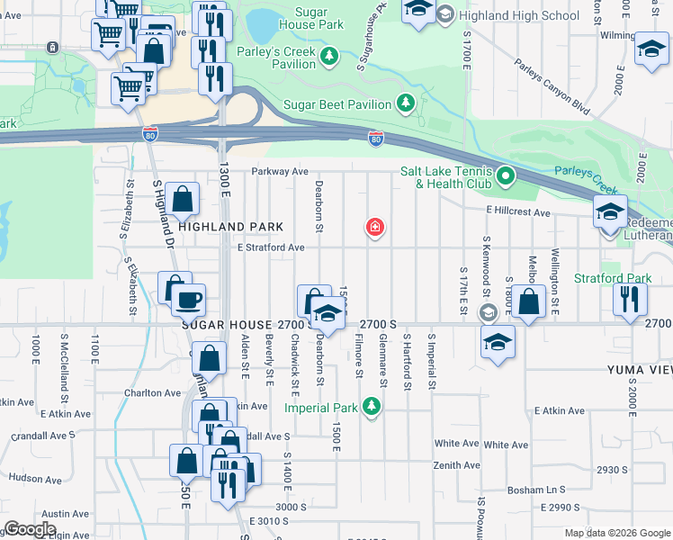 map of restaurants, bars, coffee shops, grocery stores, and more near 2641 South 1500 East in Salt Lake City