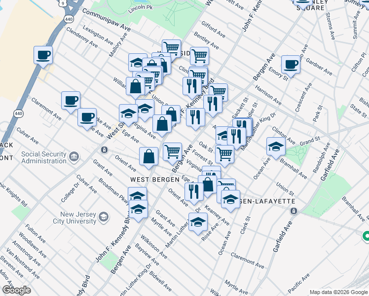 map of restaurants, bars, coffee shops, grocery stores, and more near in Jersey City