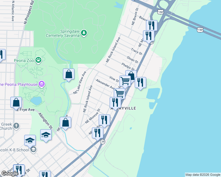 map of restaurants, bars, coffee shops, grocery stores, and more near 521 Alexander Avenue in Peoria