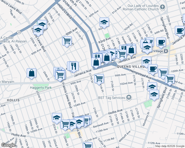 map of restaurants, bars, coffee shops, grocery stores, and more near 98-13 211th Street in Queens