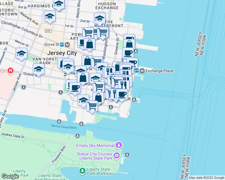 map of restaurants, bars, coffee shops, grocery stores, and more near 70 Greene Street in Jersey City